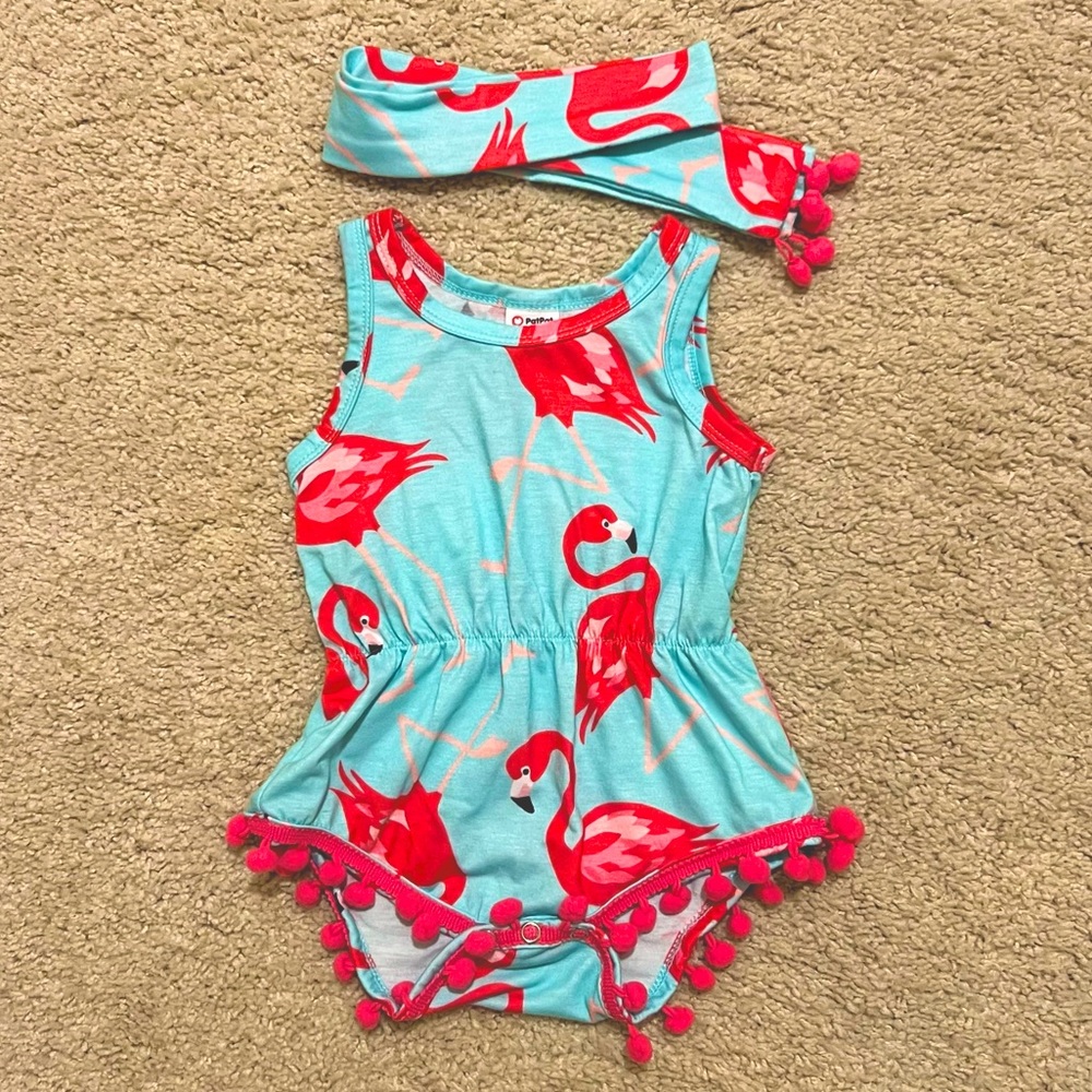 Pink & Blue Flamingo Bodysuit/Romper with Matching Headband Wrap size 3-6 months